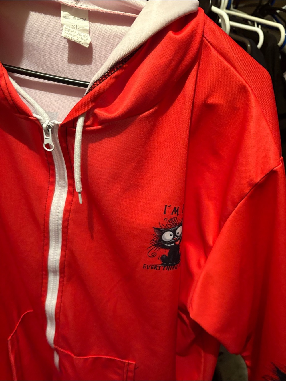 Red Kids Zip Hoodie with Cat Graphic